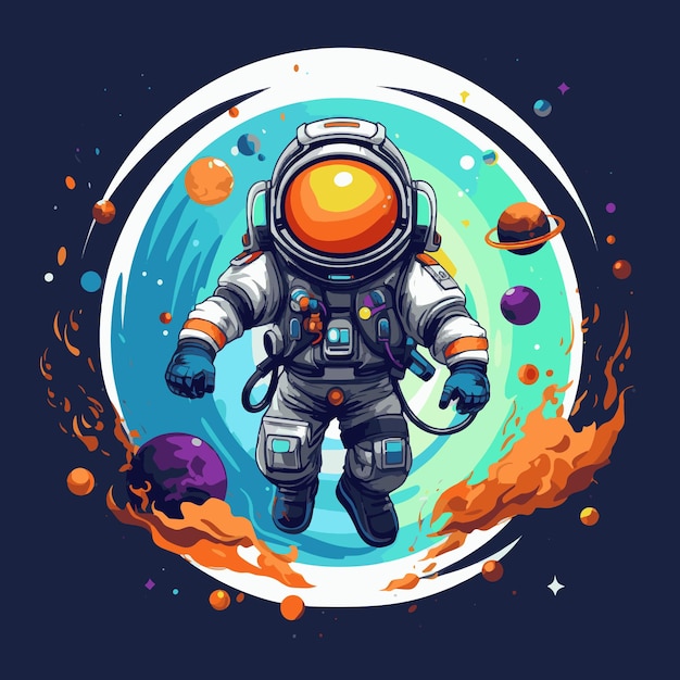 Curious Space Explorer in Futuristic Spacesuit Surrounded by Planets and Stars