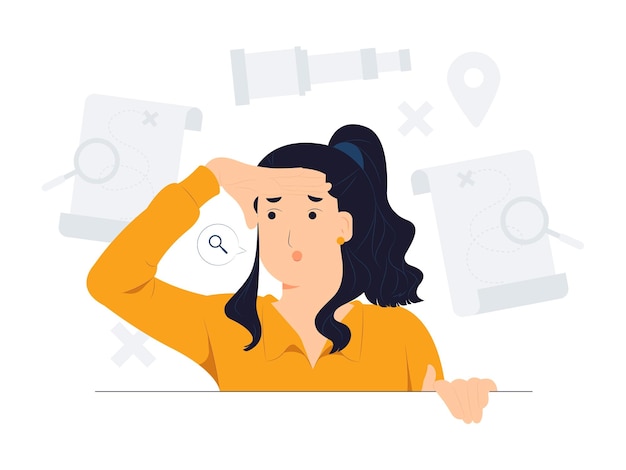 Curious woman looking far away with hand over head trying to see something bad vision searching holding palm on forehead and gasping surprised and amazed concept illustration