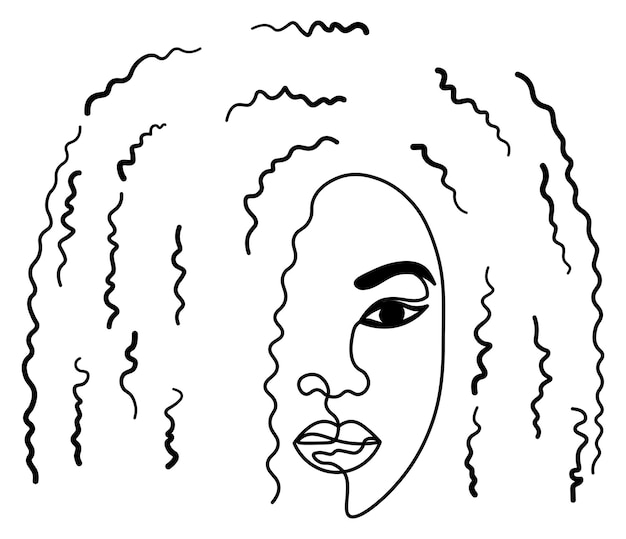 Vector curly female face line drawing