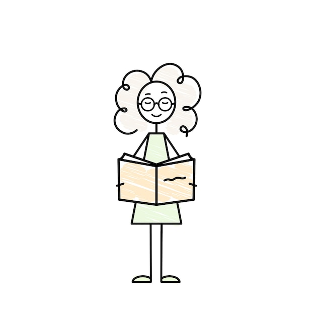 Curly girl character reading a book simple sketch black line doodle vector illustration smart female character