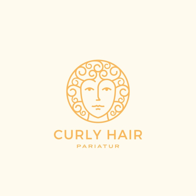 Curly Hair Abstract Contemporary Minimal Sign or Linear Logo Template. Outlined Woman Face Emblem or Label with Modern Typography. Isolated.