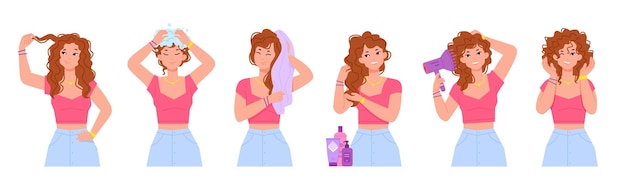 Vector curly hair process curl girl method concept beautiful women with wash head use haircare tools wet hair care applicator caring cosmetic product spray vector illustration of care and treatment