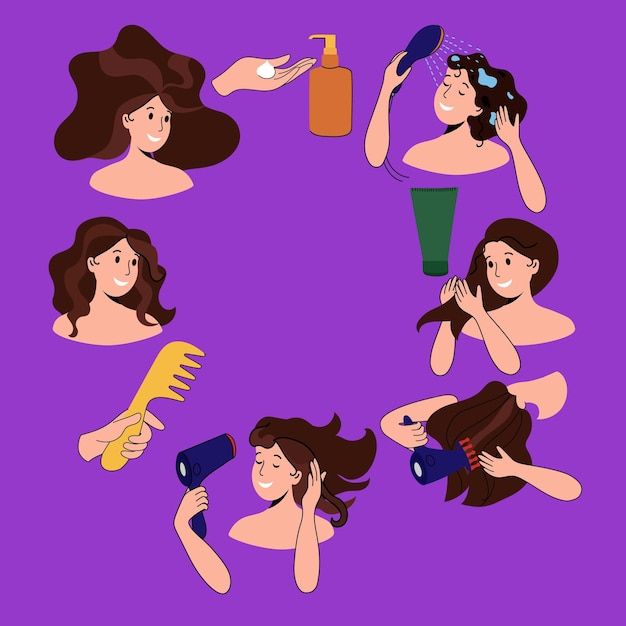 Curly hair styling. Steps to make your hair look better, use gel and hair cream, hair dryer. Beauty secrets. Vector illustration.