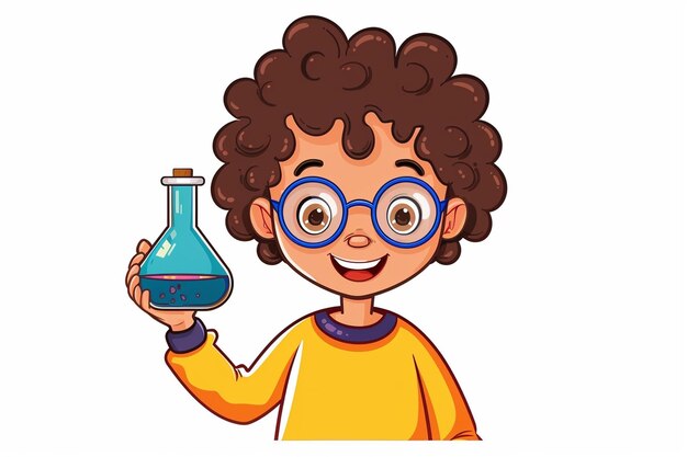 Vector curly haired boy holding science book