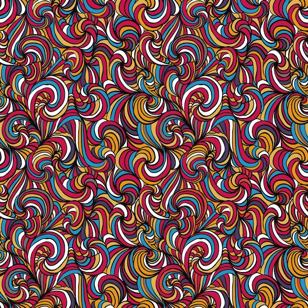 Curly lines seamless pattern, hand drawn colorful vector background.