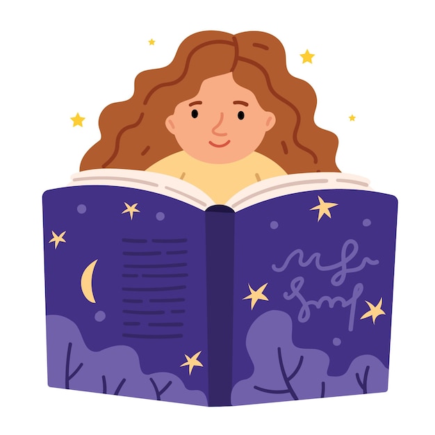 Curly redhaired girl reads a big fantasy book