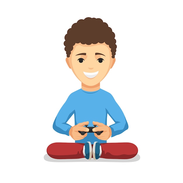 Curly teenager boy with game controller gamepad isolated on the white background.