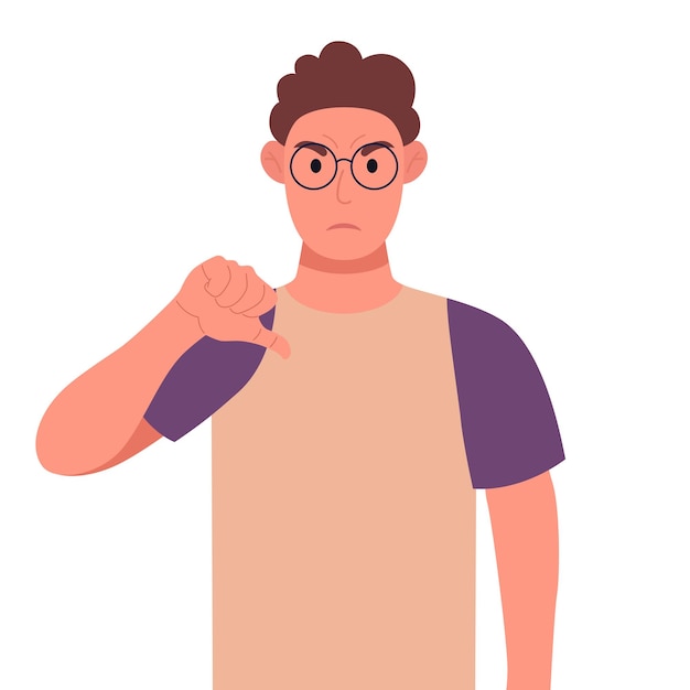 Curly young man in glasses showing thumbs down sign gesture Vector illustration