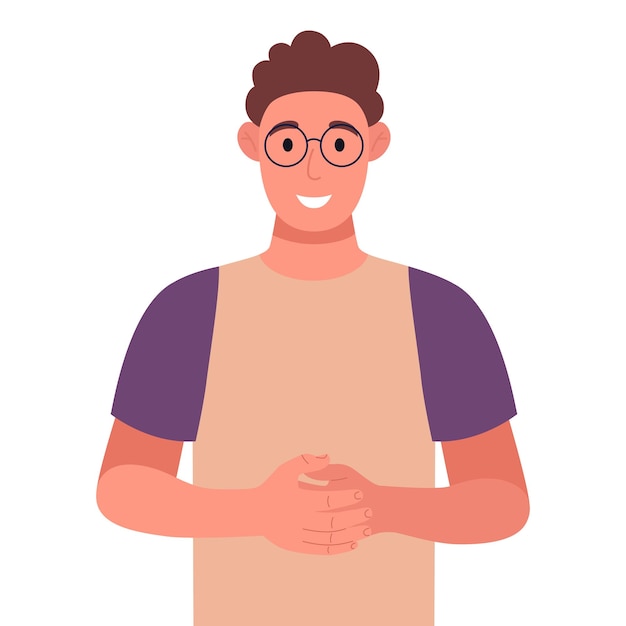 Curly young man in glasses standing with folded hands Vector illustration