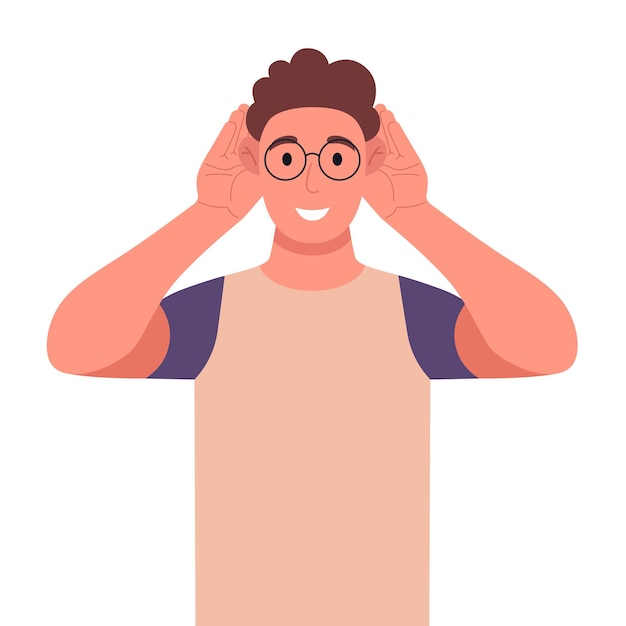 Curly young man in glasses trying to hear something seriously The guy is raising his hands to his ears Vector illustration