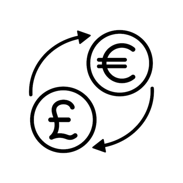 Currency exchange black line icons with arrows in flat style euro to pound transferring vector illustration on white background financial market concept