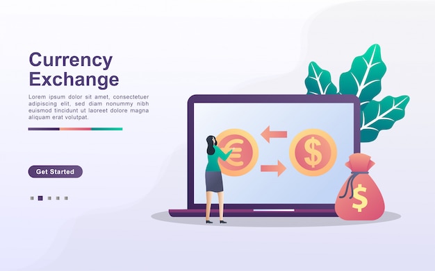 Currency Exchange concept. People exchange currencies online. World currency exchange services. Can use for web landing page, banner, flyer, mobile app.  