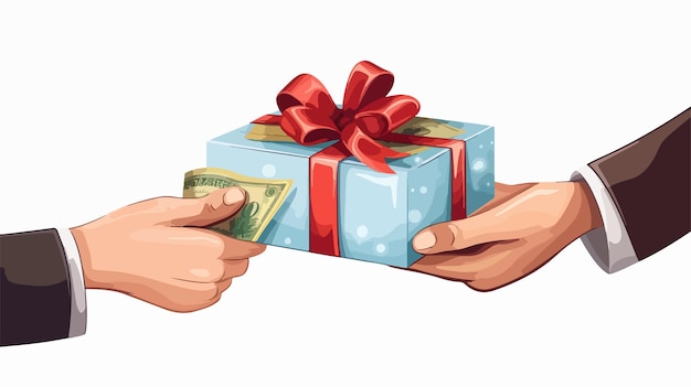 Vector currency and gift exchange in human hands concept