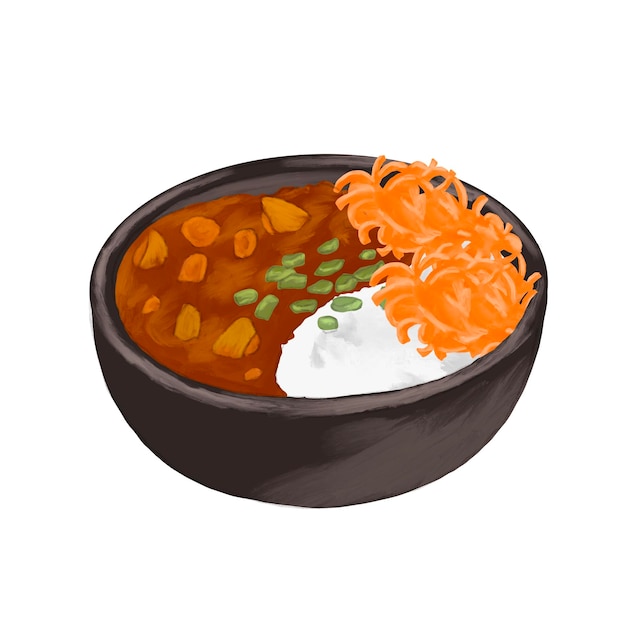 curry rice bowl with salad painting menu illustration