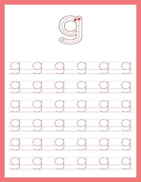 Cursive handwriting uppercase letter alphabet tracing practice worksheet with arrow direction g