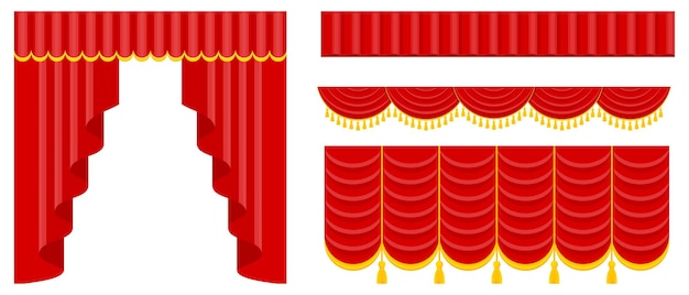 Curtains with lambrequins on stage of the theater, concert hall. Decorations for opening ceremony.