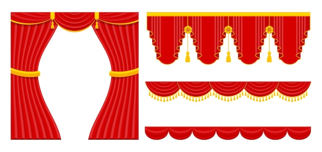 Curtains with lambrequins on stage of the theater, concert hall. Decorations for opening ceremony.