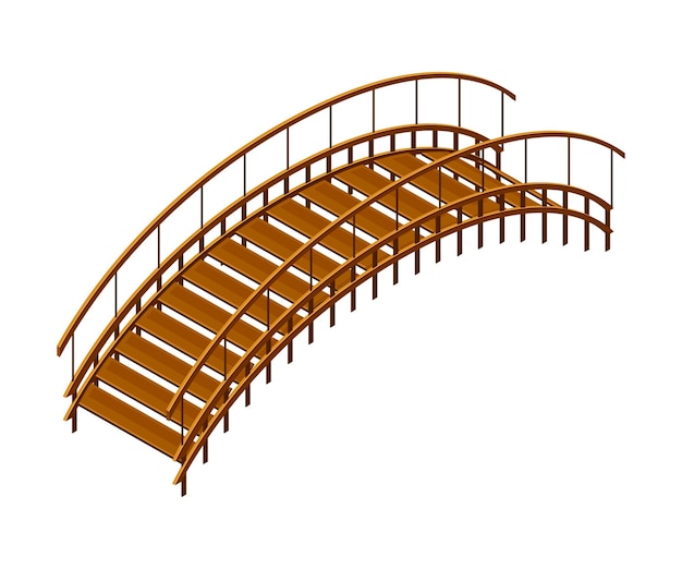 Curved arch wooden bridge with balustrade railing vector illustration