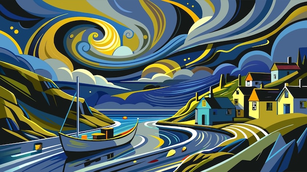 Vector curvilinear abstract style of mandy budan cullen harbour in moray with boats stormy acrylic