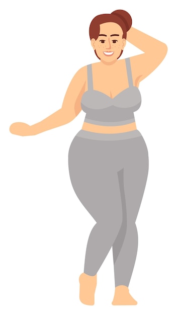 Vector curvy female model posing in sportswear semi flat rgb color vector illustration. self-acceptance. person promoting body positivity approach isolated cartoon character on white background