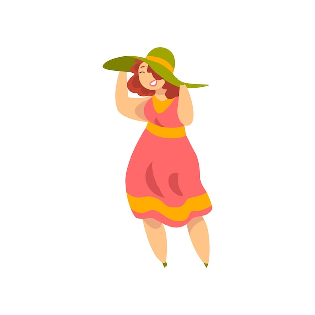 Curvy overweight girl in fashionable clothes plus size fashion body positive vector illustration on