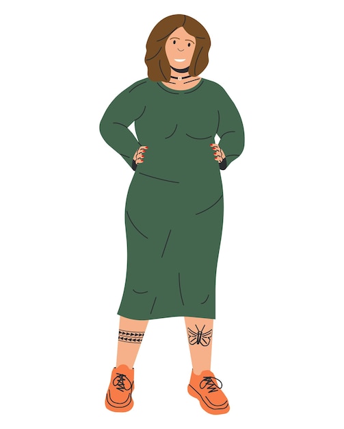 Curvy Women Plus Size Model Isolated Body Positive Beautiful Girl in Green Dress and Sneakers Plump Female Character Trendy Overweight Lady in Stylish Outfit Cartoon Flat Vector Illustration