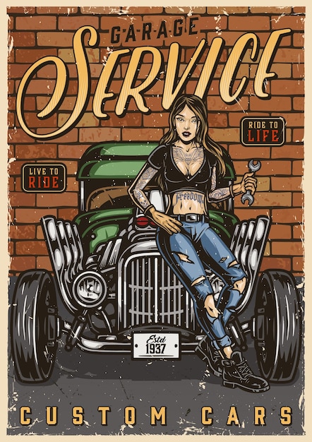 Custom cars garage service vintage poster