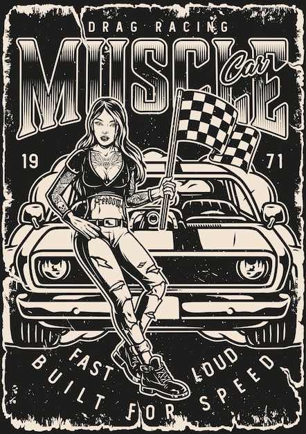 Custom cars vintage monochrome poster