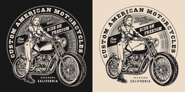 Custom motorcycle vintage label with beautiful biker girl and classic motorbike in monochrome style