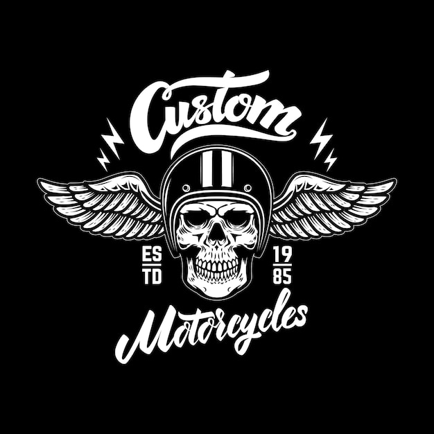 Custom motorcycles. Emblem template with skull in winged helmet. 