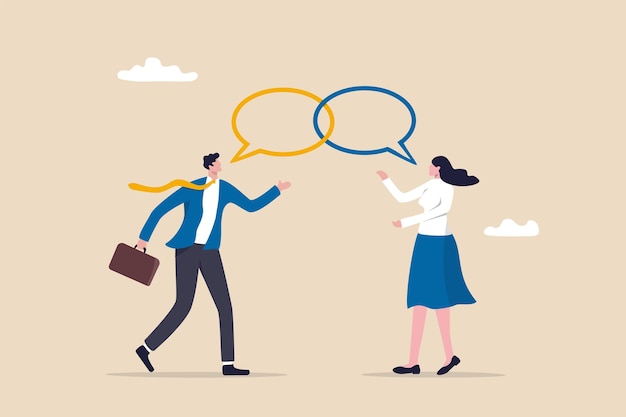 Customer engagement, emotional connection between customer and brand, loyalty, consumer trust or deep relationship concept, businessman represent brand talk with customer as linked speech bubble.