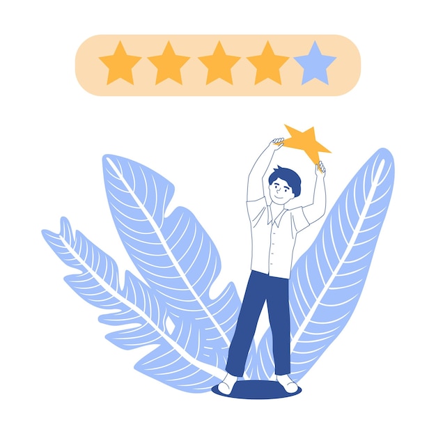 Customer feedback 5 stars rating man holds star to give highest positive appraisal business ranking