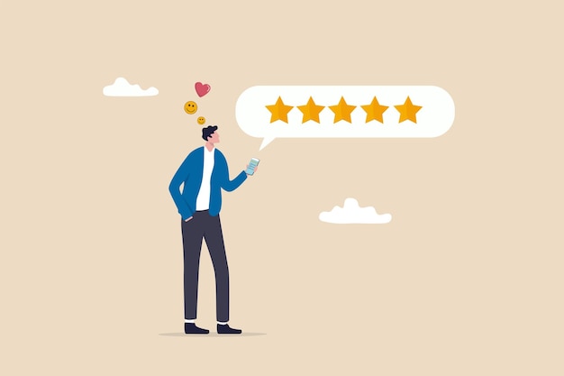 Customer feedback from mobile application rating or user experience scoring and satisfaction product quality and online survey concept satisfied man holding mobile giving 5 stars rating feedback