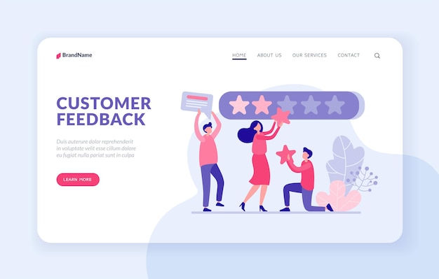 Customer feedback landing page website banner vector template. Users rate app online concept. Male and female characters attach red quality stars stores web panel