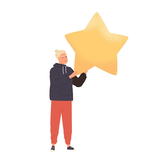 Customer giving positive feedback and review of services. Client rating app or website with golden star. Online appraisal concept. Colored flat graphic vector illustration isolated on white background