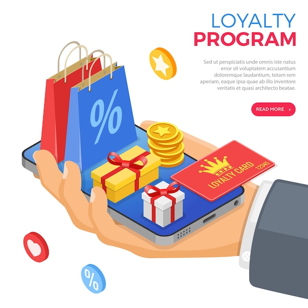 Customer loyalty programs as part of customer return marketing. gift box, returns, interest, points, bonuses. hand with smartphone gives gifts for bonuses from loyalty program. isometric vector