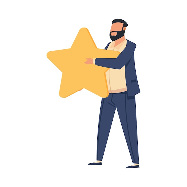 Customer rating People with stars Clients satisfaction and experience Service evaluation ranking Standing man with yellow grade mark Vector consumers review and feedback concept