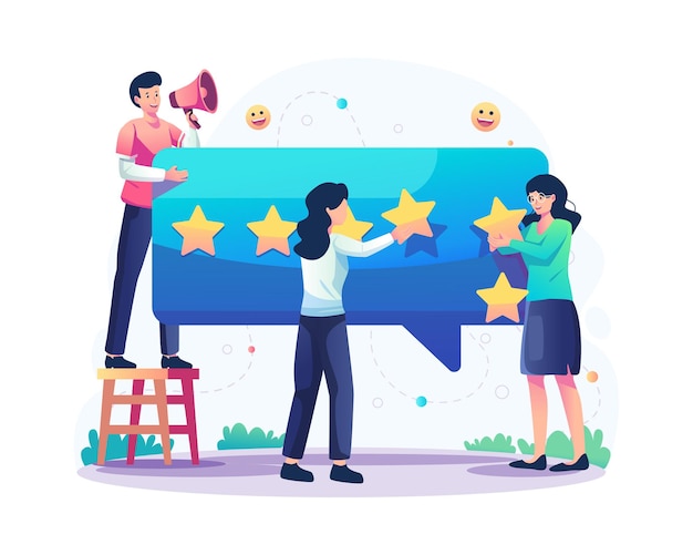 Customer review concept with people gives stars ratings and positive feedback illustration