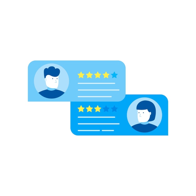 Customer review rating messages, online review or client testimonials, concept of experience or feedback, rating stars. Modern flat style vector illustration.