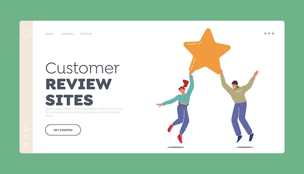 Customer Review Sites Landing Page Template Recommendation User Rating Star Man and Woman Hold Yellow Star