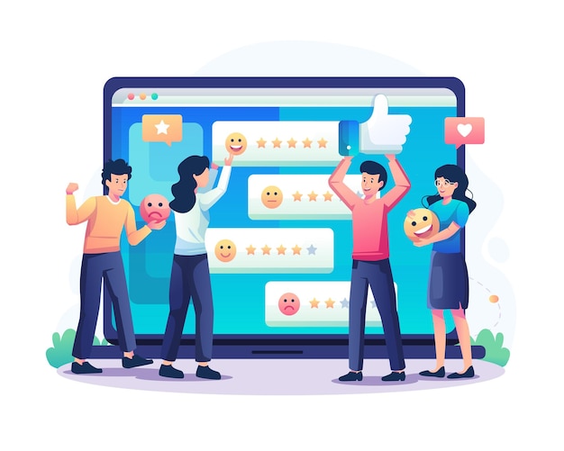 Customer reviews concept with people giving stars ratings review and feedback illustration