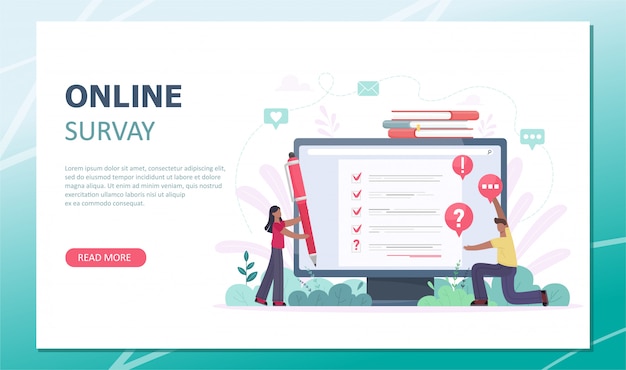 Customer Satisfaction Survey Landing Page. Flat mini persons concept with quality test and satisfaction report. Feedback from customers or opinion form. Client answers