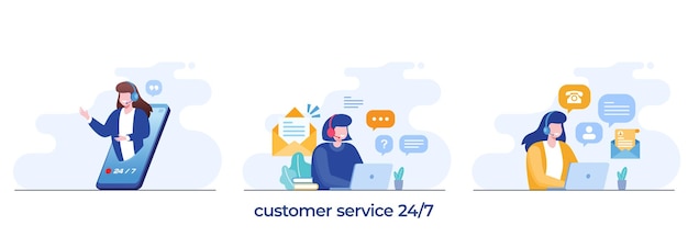 Customer service 24 hours call center concept women with microphone assistant response flat vector illustration