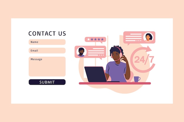 Customer service concept. Contact us form web. African woman with headphones and microphone with laptop. Support, assistance, call center.   illustration. Flat style