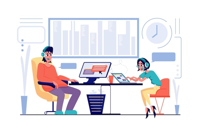 Customer service concept in flat cartoon design Men and woman in headset work at hotline