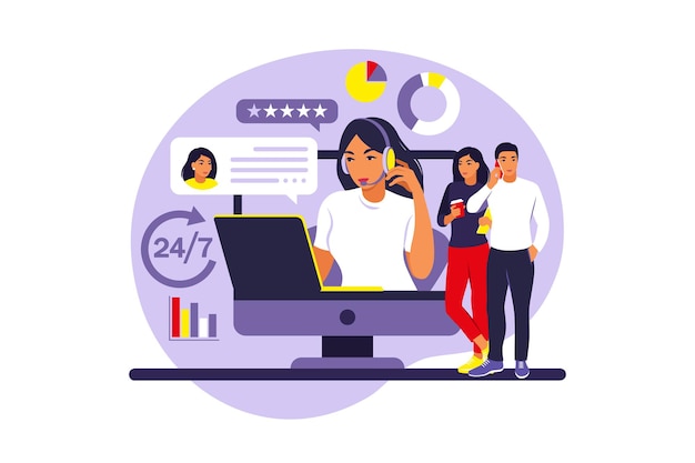 Customer service concept. Woman with headphones and microphone with laptop. Support, assistance, call center.   illustration. Flat style