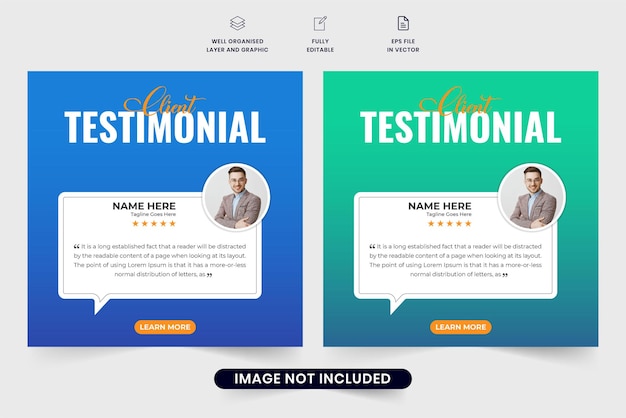 Customer service feedback and client testimonial template design with blue and green colors Modern business promotion and client feedback layout vector Customer quote layout with photo placeholders