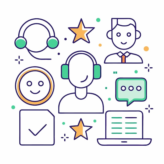 Vector customer service illustration with icons including chat support and stars