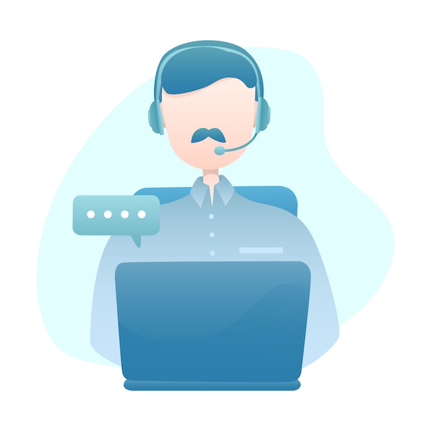 Vector customer service illustration with man wear headset chatting with costumer via laptop