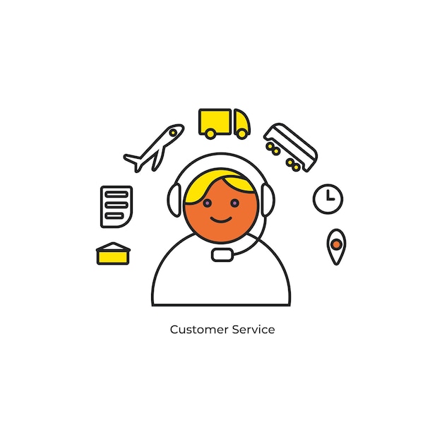 Customer service support icon for logistics Door to door delivery in time truck rail air delivery etc White with black outline and yellow color Vector flat illustration